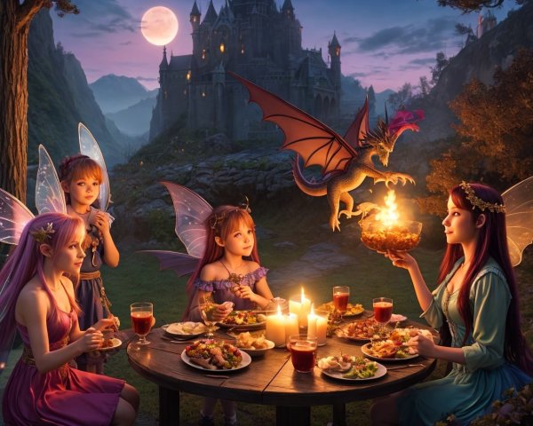 Fairies Gather Around Feast at Twilight Castle
