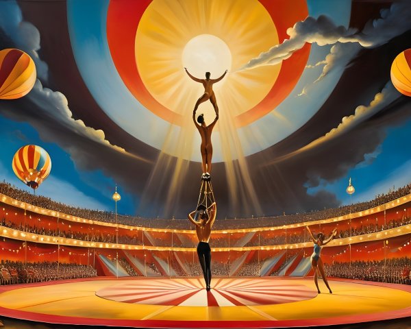 Surreal Circus Scene with Acrobats and Balloons