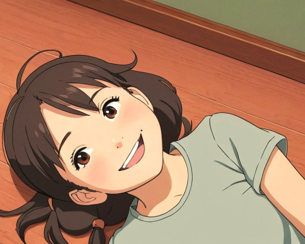 Cheerful girl with dark hair on a wooden floor