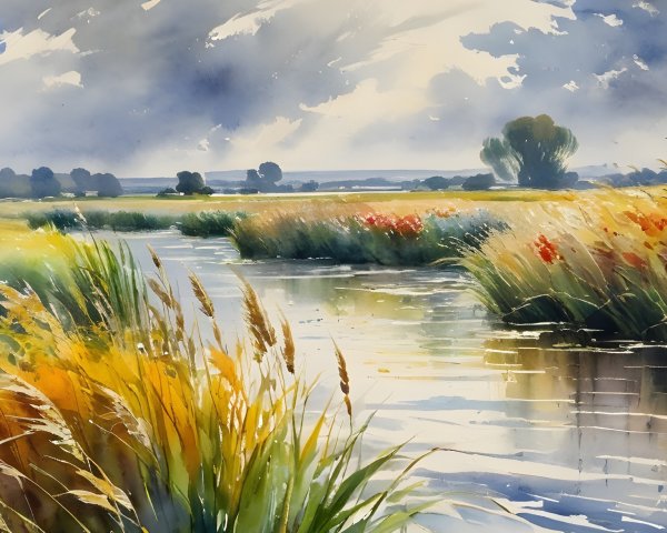 Tranquil River Landscape with Lush Grasses and Flowers