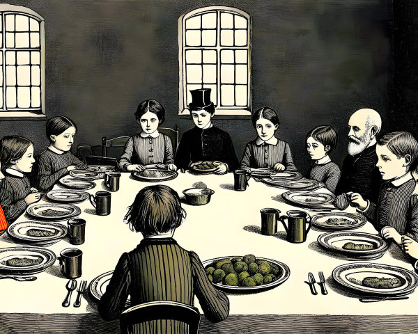 19th-Century Dining Hall with Children and Adults