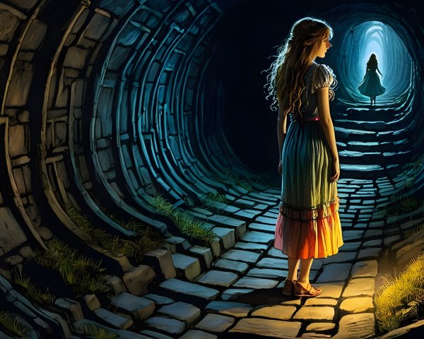 Young Woman in Colorful Dress in Dimly Lit Tunnel