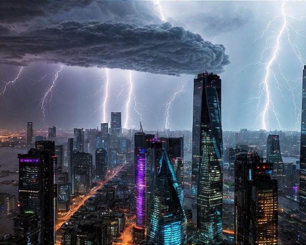 Dramatic Cityscape with Skyscrapers and Lightning