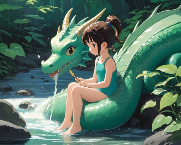 Young Girl and Green Dragon by Sparkling Stream