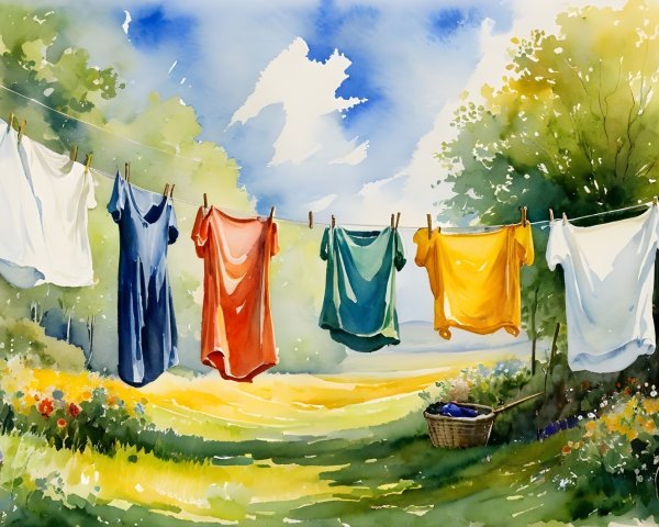 Countryside Scene with Colorful Shirts and Flowers