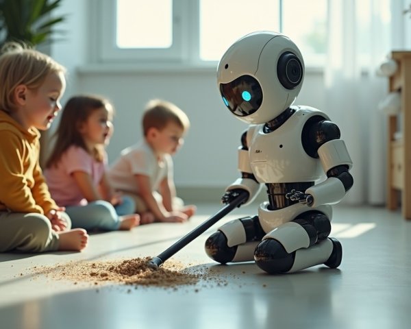 Futuristic Robot Cleans While Children Observe Curiously