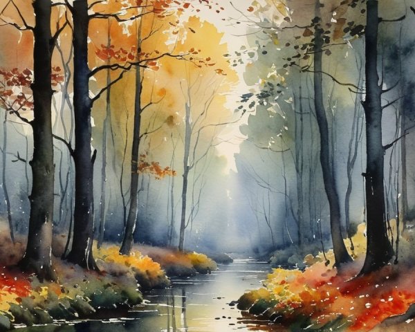 Autumn Landscape with Vibrant Trees and Gentle Creek