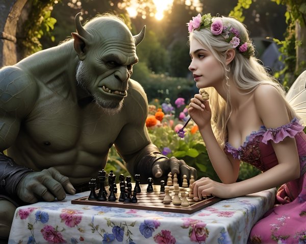 Orc and Fairy Play Chess in Colorful Garden Setting