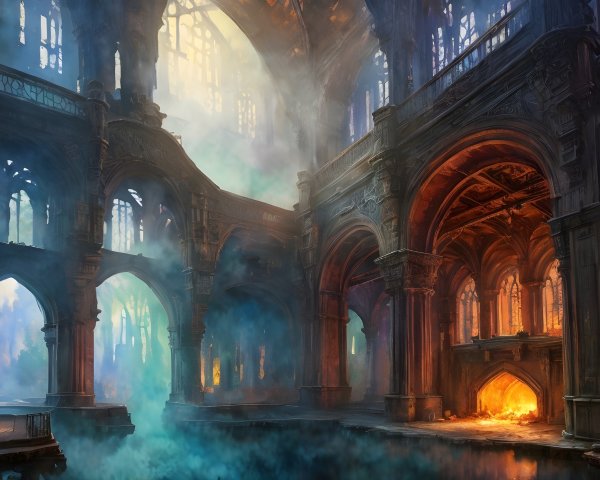 Forgotten Cathedral Surrounded by Mist and Stained Glass