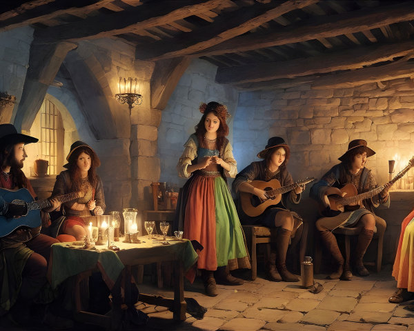 Musicians Gather in Rustic Tavern with Candlelight Atmosphere