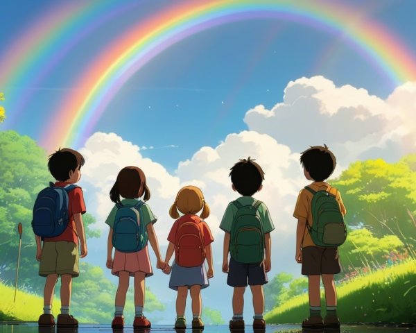 Children Admiring Double Rainbow in Lush Landscape