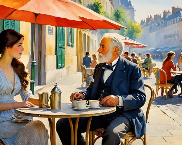 Charming European Town Street Scene with Café Patrons