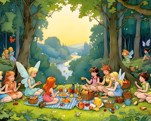 Whimsical Picnic Scene with Fairies in a Forest Glade