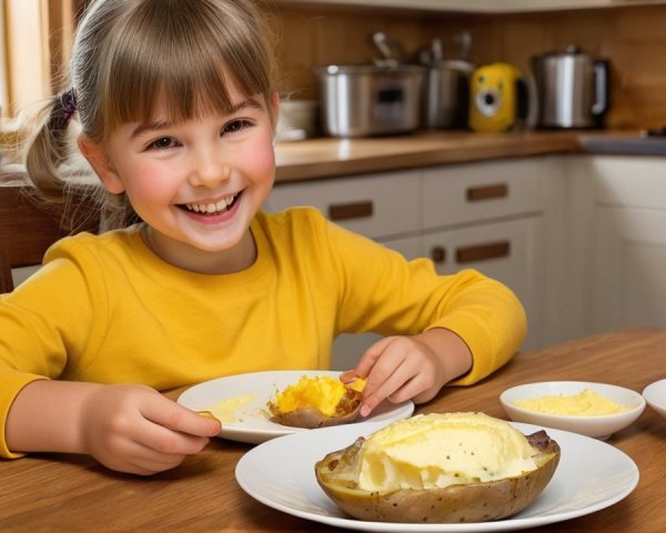 Cheerful Girl Enjoys Meal with Baked Potato and Juice
