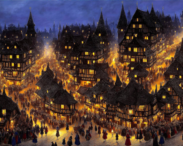 Nighttime Cityscape with Timber-Framed Buildings