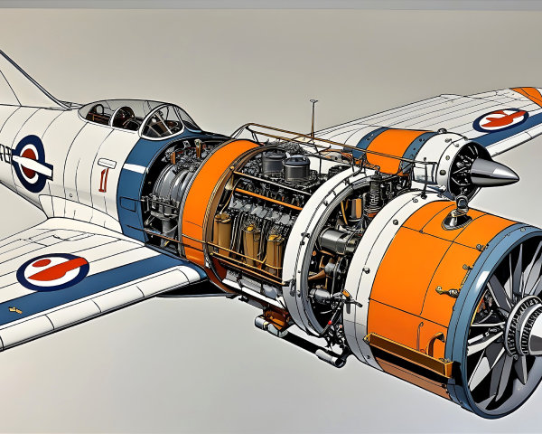 Detailed Illustration of Vintage Aircraft Cutaway View