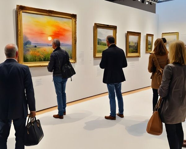 Vibrant Art Gallery with Colorful Landscape Paintings