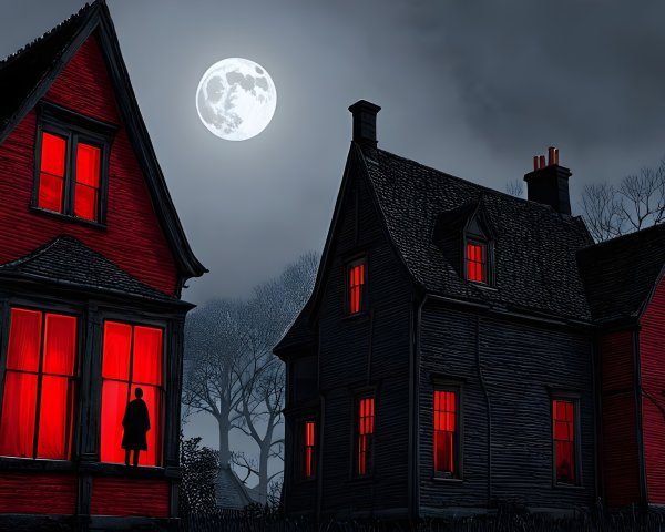 Eerie Houses Under Full Moon with Ominous Atmosphere