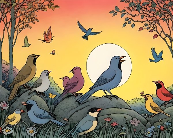 Colorful Birds on Rocks in Lush Greenery at Sunset