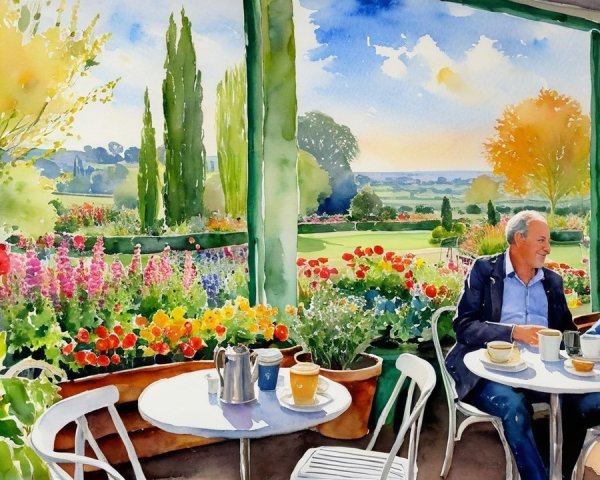 Serene outdoor café with couple amid blooming flowers