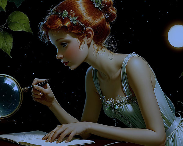 Young Woman Writing Under Starlit Sky with Magnifying Glass