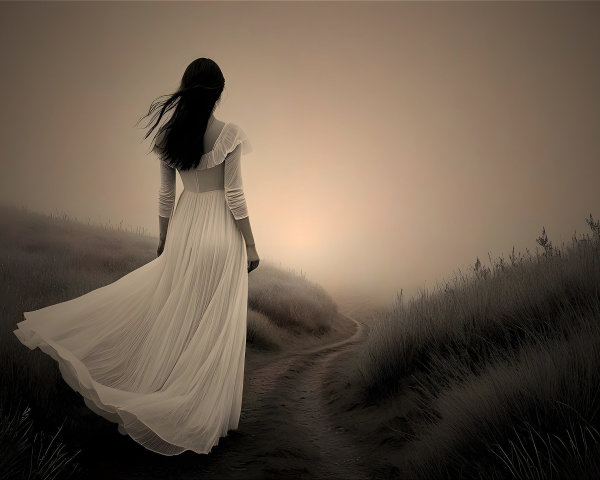Solitary Figure in White Dress on Misty Path