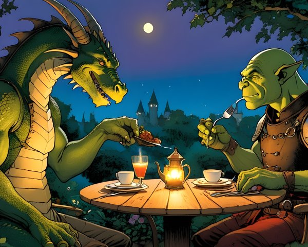 Dragon and Orc Dining Under the Full Moon