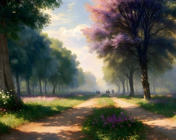 Serene Landscape with Sunlit Pathway and Trees