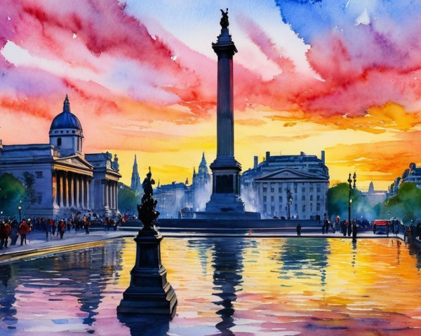 Watercolor Scene of Trafalgar Square at Sunset