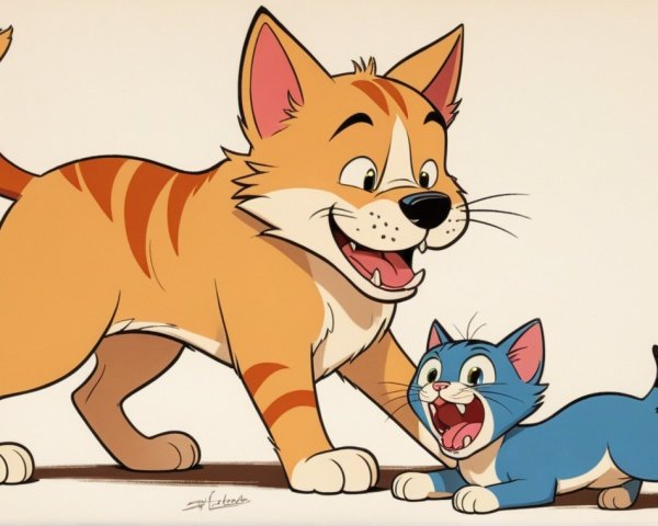 Cheerful Orange Tabby Cat and Blue Kitten Play Together