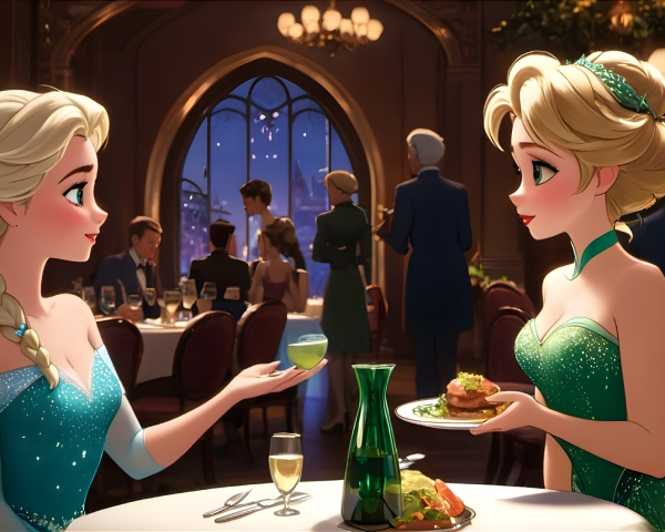 Elegant Restaurant Scene with Women in Sparkly Dresses