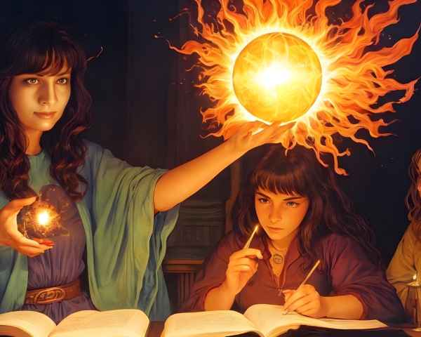 Young women studying magic in a dimly lit room