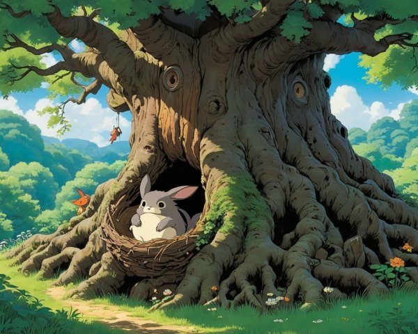 Whimsical Animated Scene of a Cozy Tree Hollow