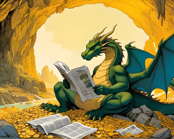 Green Dragon Reading in a Cavern of Gold Coins