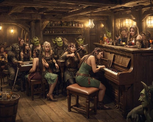 Orcs and Characters Gather for Music in Rustic Tavern