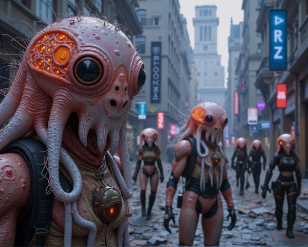 Alien Creatures in Cyberpunk Street Scene