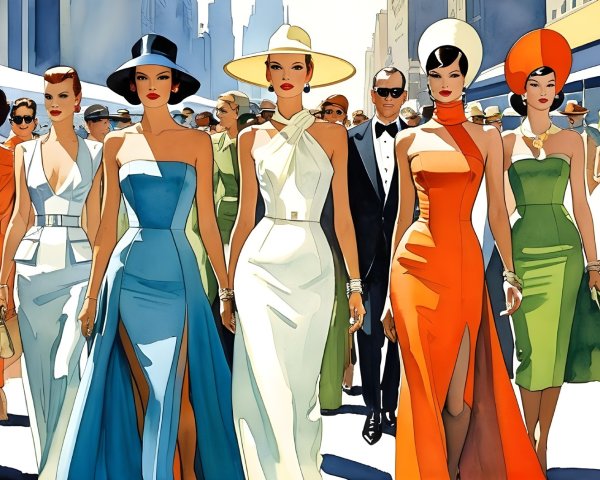 Fashion Models Parade in Vibrant City Street Scene