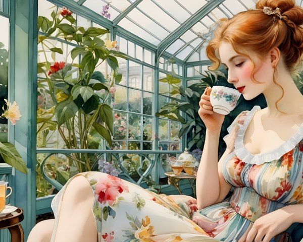 Young Woman in Greenhouse with Blooming Flowers
