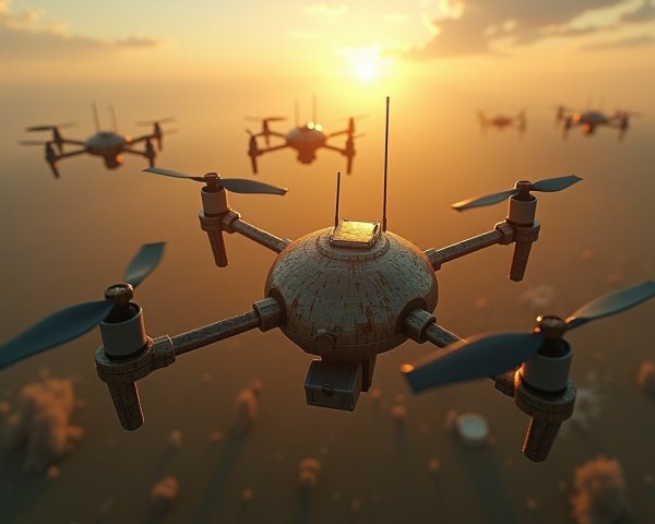 Futuristic Drones Above Serene Sunset Landscape