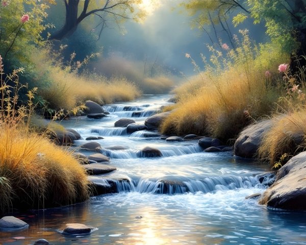 Serene Landscape with Stream and Lush Greenery