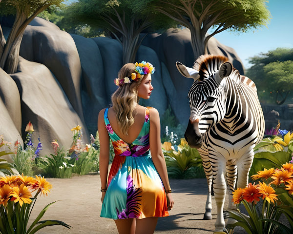 Woman in Floral Dress Surrounded by Nature and Wildlife