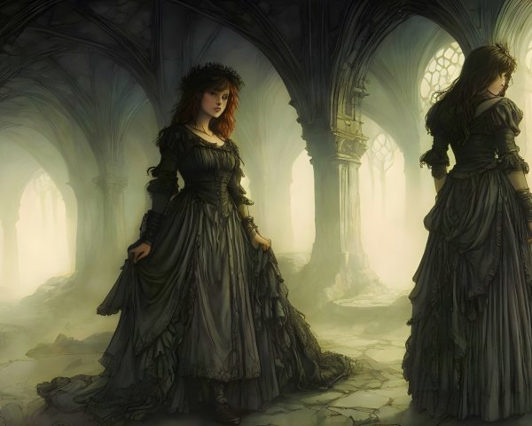 Ethereal Figures in Gothic Setting with Misty Atmosphere