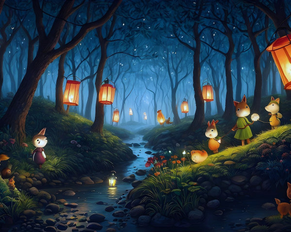 Charming Woodland Creatures in a Lantern-Lit Forest