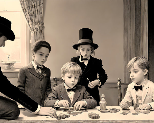 Children Playing Cards in Vintage Room Setting