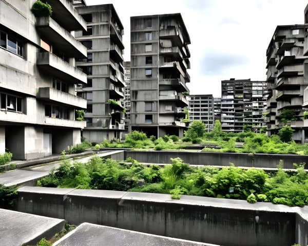 Brutalist residential complex with concrete buildings and greenery