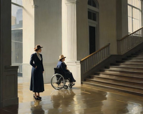 Elegant Woman and Seated Figure in Sunlit Hall
