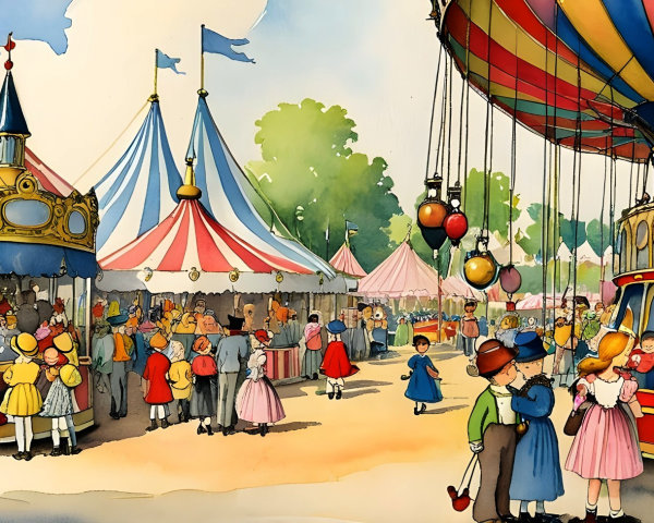 Colorful Carnival Scene with Tents and Rides