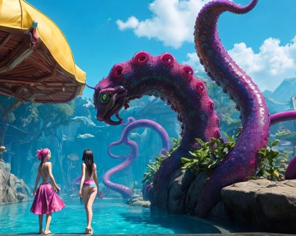 Vibrant Landscape with Serpentine Creature and Girls