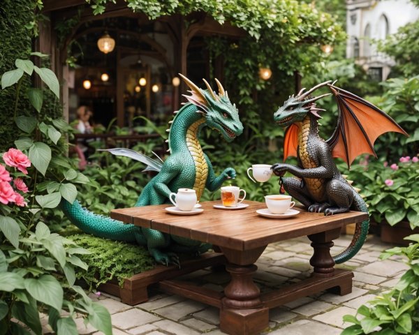 Dragons Enjoying Tea in a Lush Garden Setting