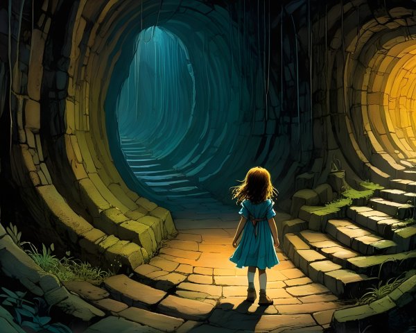 Young girl at a fork in enchanting dimly lit tunnels